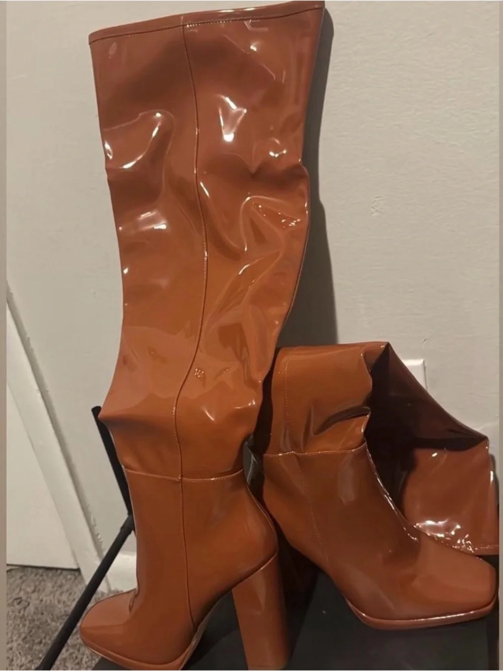 Patent Leather Thigh-High Block Heel Boots in Rich Cognac